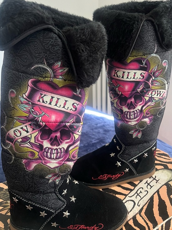 Ed Hardy Shoes - Ed Hardy Black Boots with Pink Heart & Skull Graphic